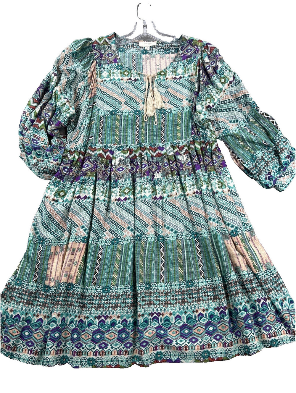 Umgee M NWOT Teal Print Tiered Dress 3/4 Puff Sleeve Tassels Country Cottagecore